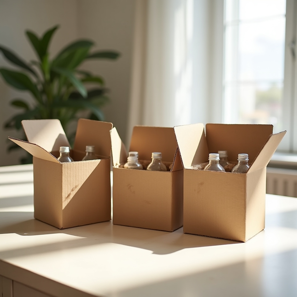 Drei unterschiedlich große Boxen mit natürlichen Reinigungsmitteln nebeneinander auf einem Holztisch