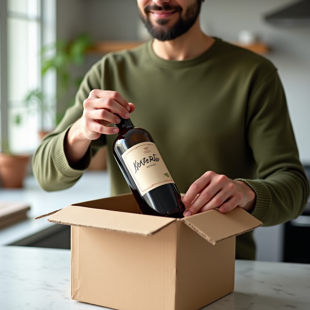 Hände packen eine frisch gelieferte Box mit Reinigungsmitteln in der Küche aus