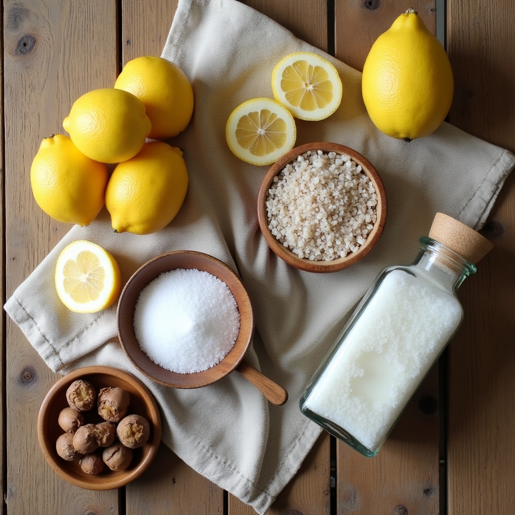 Flatlay mit natürlichen Zutaten wie Zitronen, Soda und getrockneten Kastanien für Reinigungsmittel